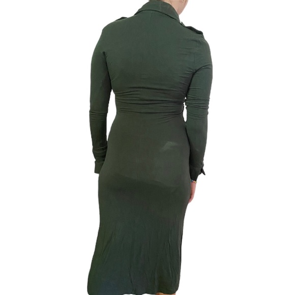 Vintage H&M Dress Khaki Green Midi XS Long Sleeve V-neck Bodycon Stretchy Y2K - Picture 4 of 4